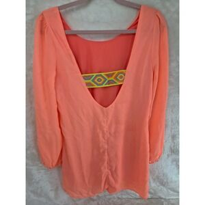 Very J Neon Coral Deep V-Back Embroidered Strap Chiffon Blouse VD30655 Mens M